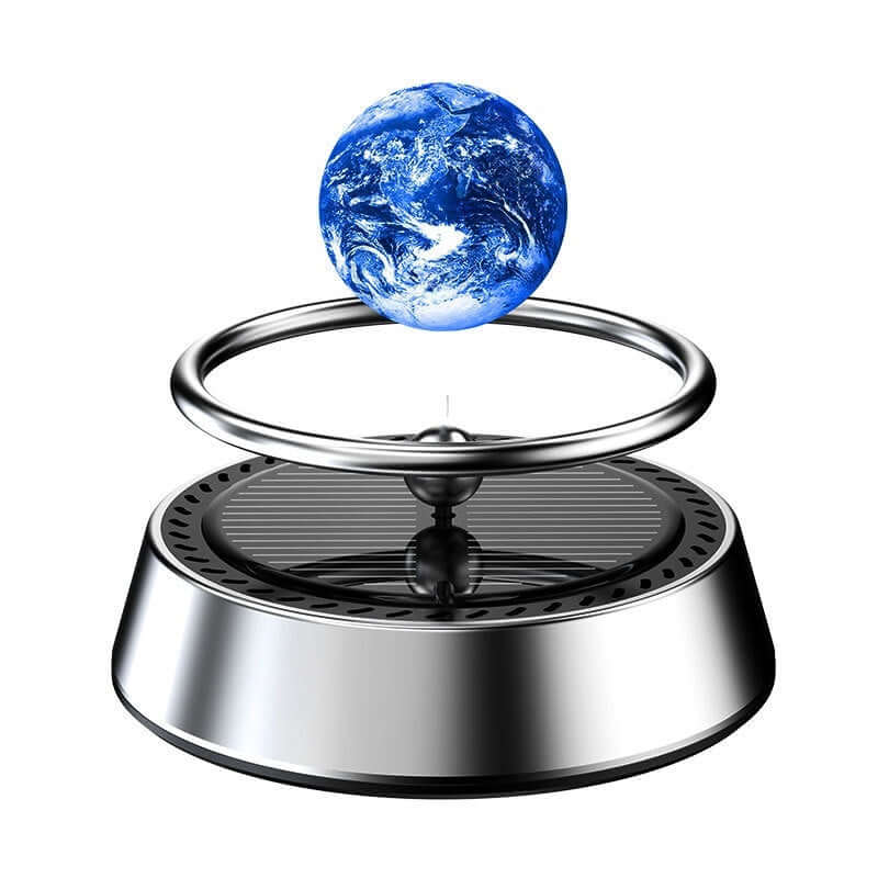 Solar rotating car aromatherapy ornament with blue planet, aluminum base, and essential oil inclusion.