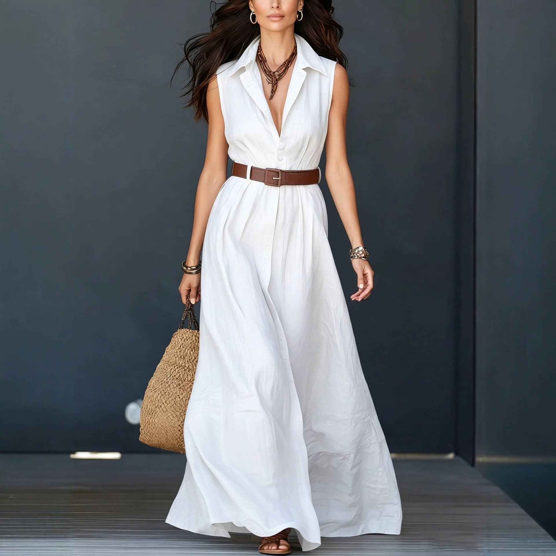 Sleeveless Lapel-neck Waist-cinching Shirt Dress - DBMP Shop