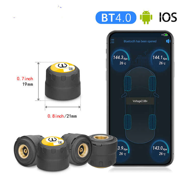 Bluetooth external tire pressure monitor with app display, showing tire pressure and temperature readings on smartphone.