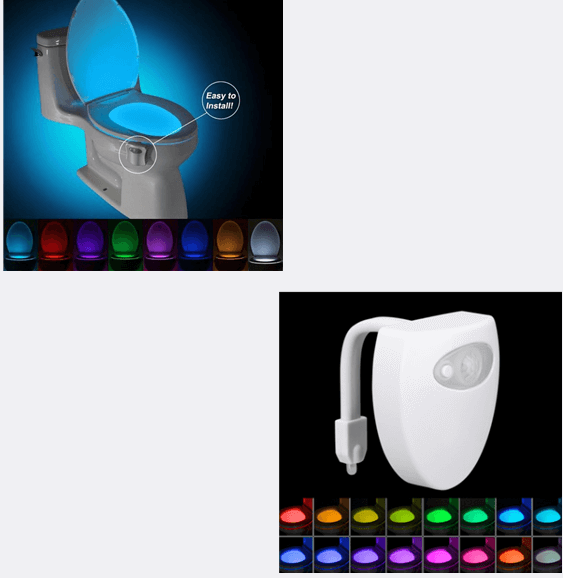 LED toilet night light with motion sensor, colorful glow, easy installation, battery operated for hygienic use.