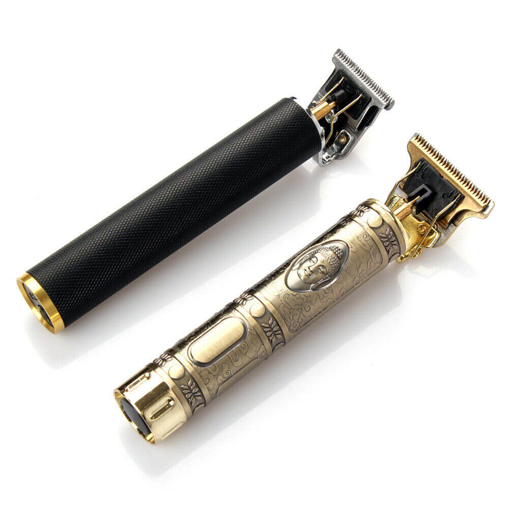 USB electric hair clippers and trimmer in gold and black finish, professional cordless barber tools for hair cutting.