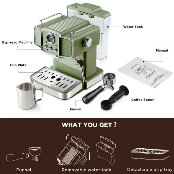 15 Bar Espresso Coffee Machine in green with milk frother, removable water tank, and accessories for home barista use.
