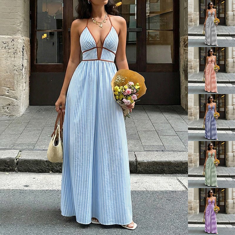 Women's Striped Strappy Dresses Fashion Summer V-Neck Maxi Dress Party Beach Evening Dress Women's Clothing - DBMP Shop