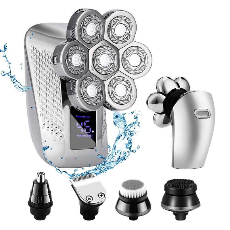 Men's five-in-one washable electric razor with LED display and multiple attachments for versatile grooming.