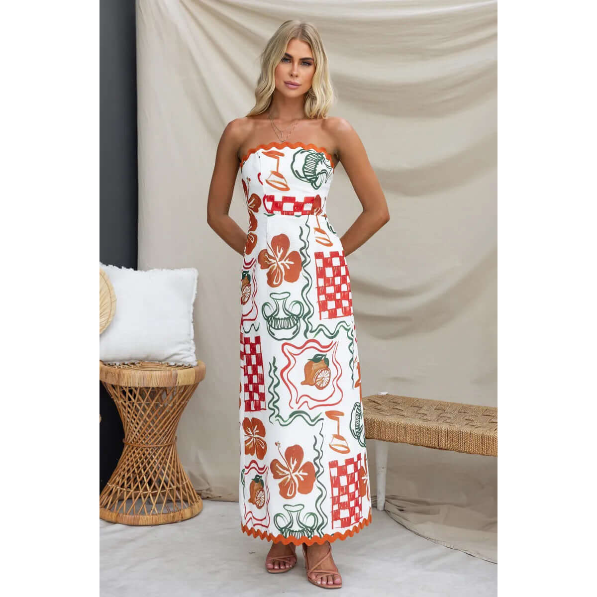 Women's Chest-wrapped Pleated Casual Dress with floral pattern, A-line skirt, and mid waist design in vibrant colors.