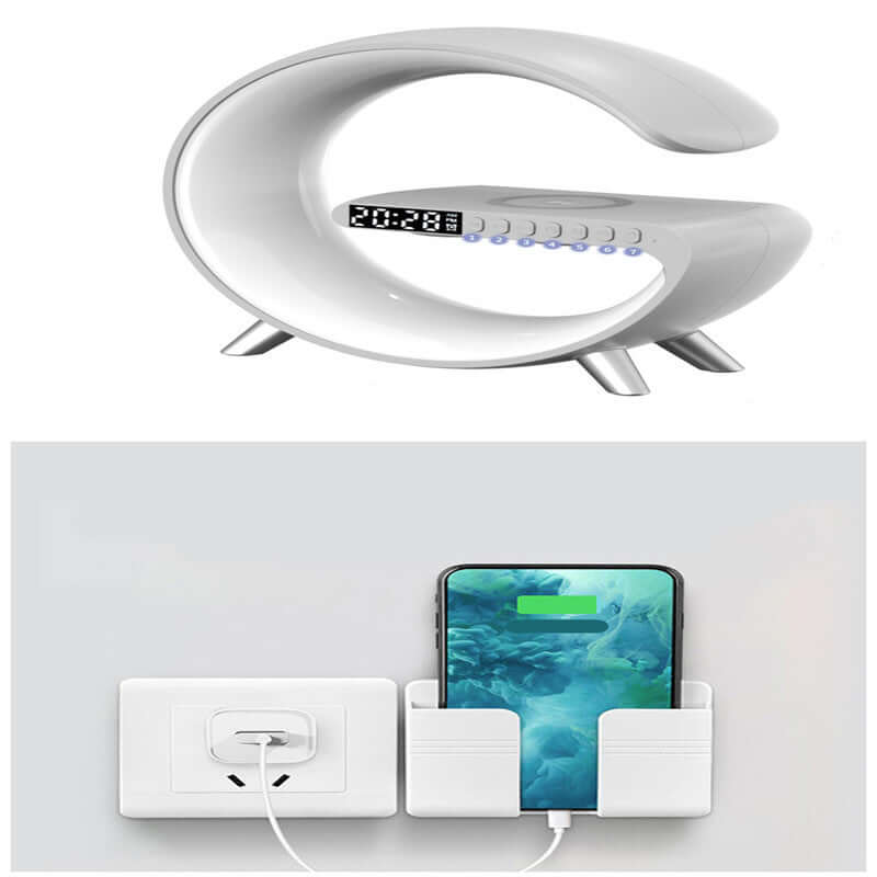 New G shaped LED lamp with Bluetooth speaker and wireless charger, clock display, perfect for bedroom home decor.