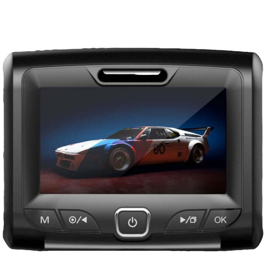 Driving recorder with three lenses, HD night vision, and wide-angle view, screen showcasing a racing car.