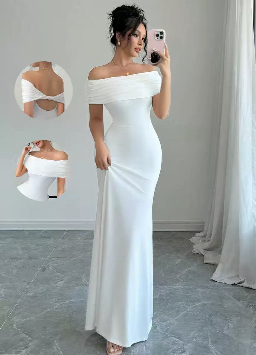 Womens Solid-Colored Sleeveless Off-Shoulder Fashionable Sheath Dress - DBMP Shop