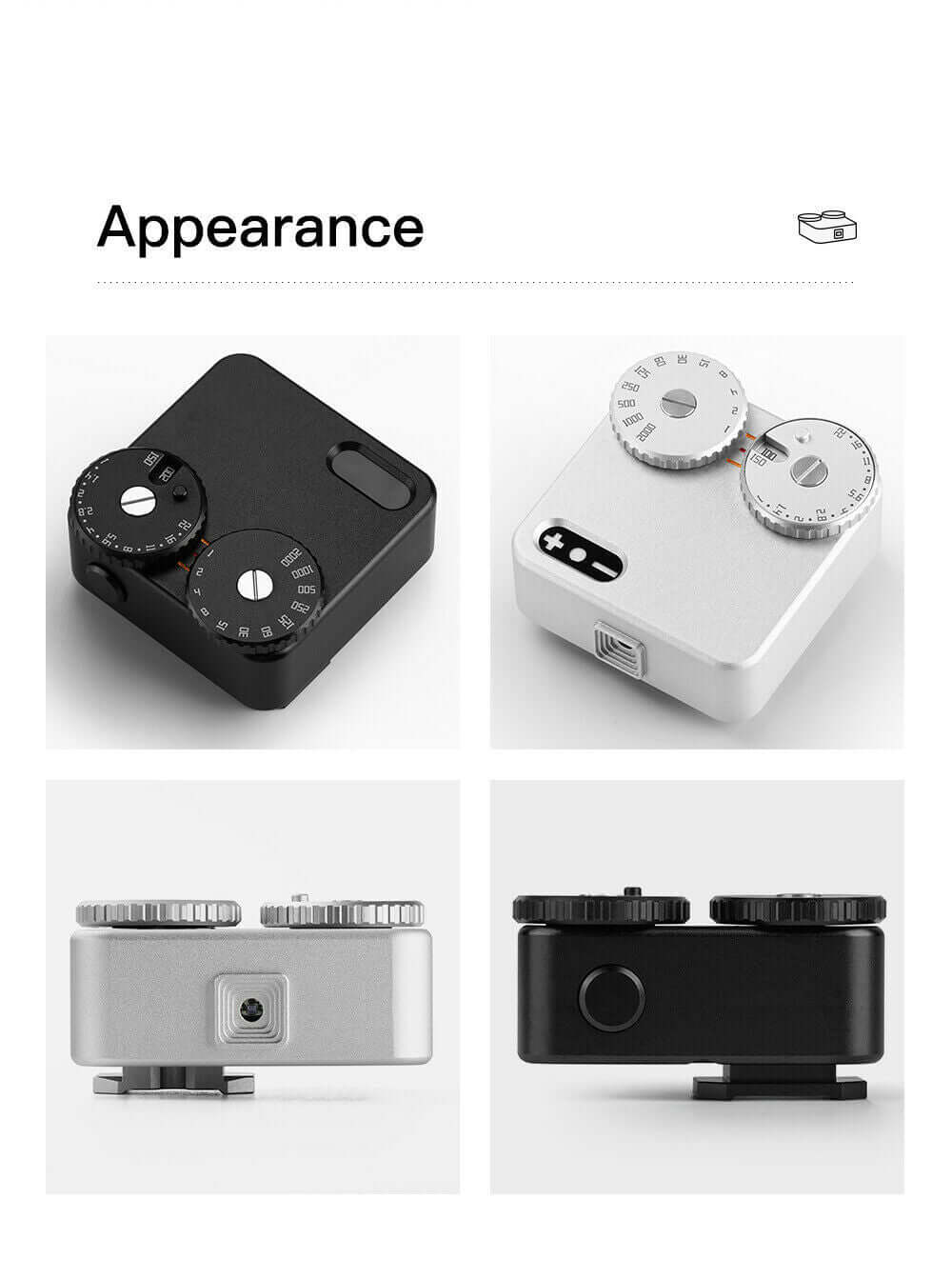Appearance of personalized Leica rangefinder camera accessories in black and silver, featuring dials and aviation aluminum design.