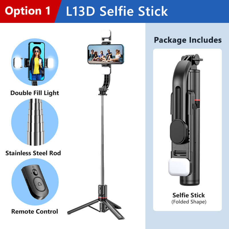 L13D Bluetooth selfie stick tripod with remote control, stainless steel construction, and double fill light.