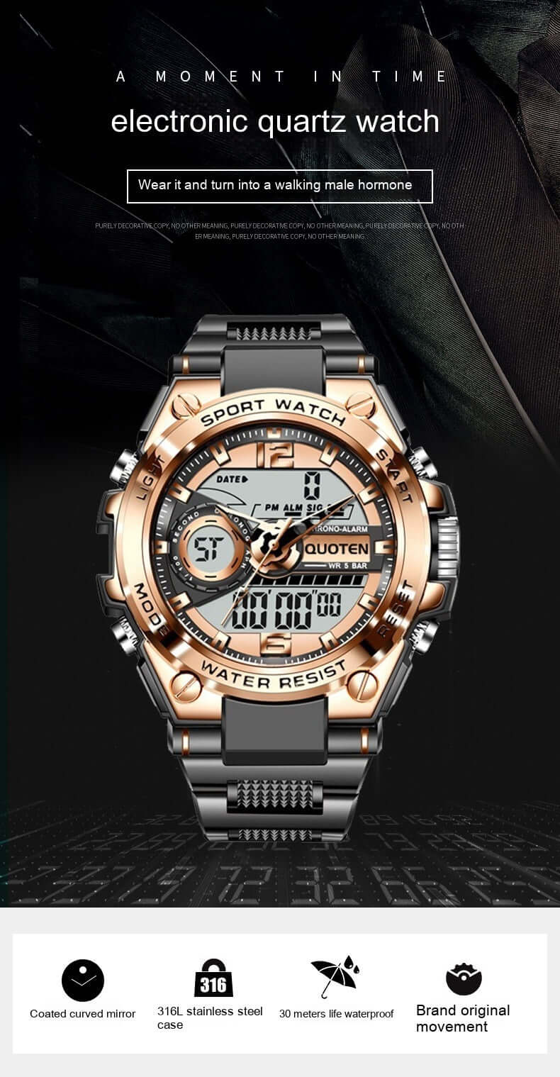 Electronic quartz sports watch with stainless steel and rose gold accents, water-resistant up to 30 meters.