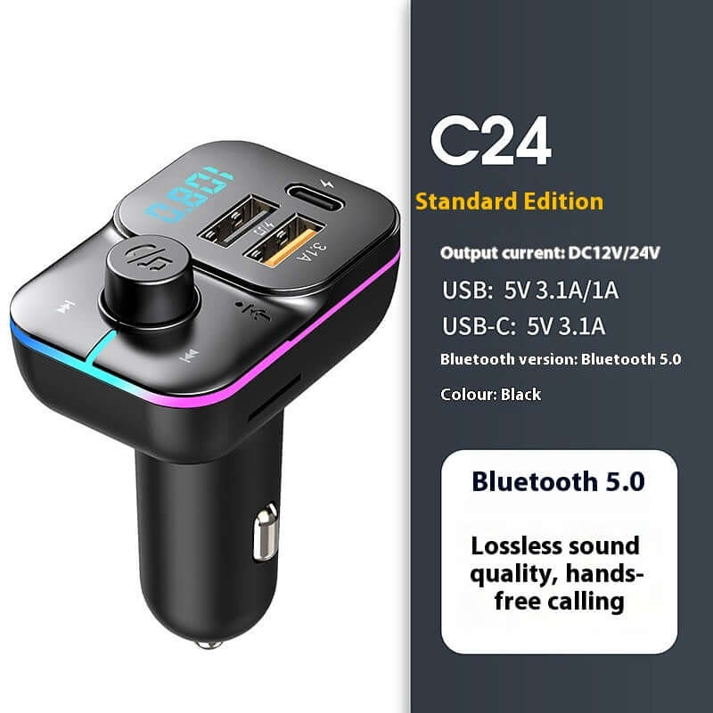 C24 Bluetooth MP3 player charger, fast charging, dual USB ports, black color, car accessory with Bluetooth 5.0.