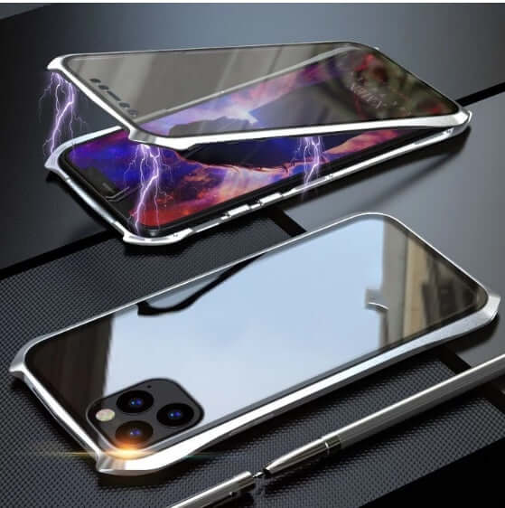 Glass magnetic king protective cover for iPhone 11, showcasing sleek design and durable materials in black and silver colors.