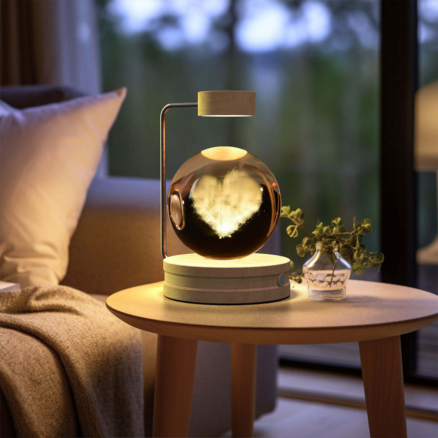 Crystal ball cosmic dinosaur night light on a table, creating a warm atmosphere in a cozy living room.
