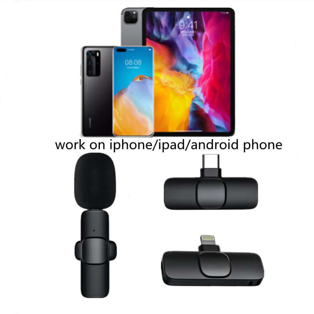 Wireless lavalier microphone with smartphone and tablet compatibility for iPhone, iPad, and Android devices.