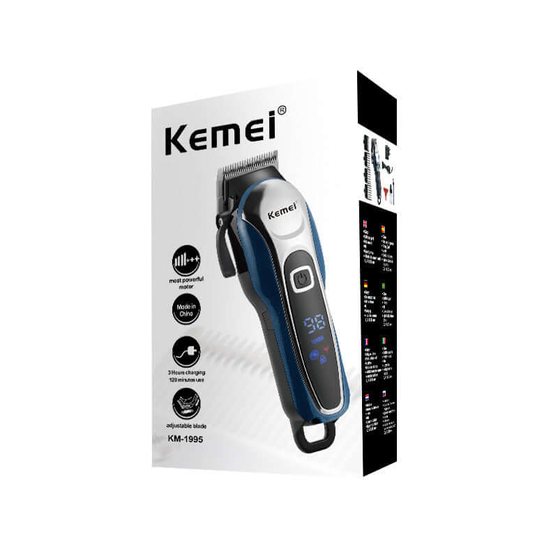Kemei KM-1995 rechargeable hair clipper packaging with LCD display and adjustable settings.