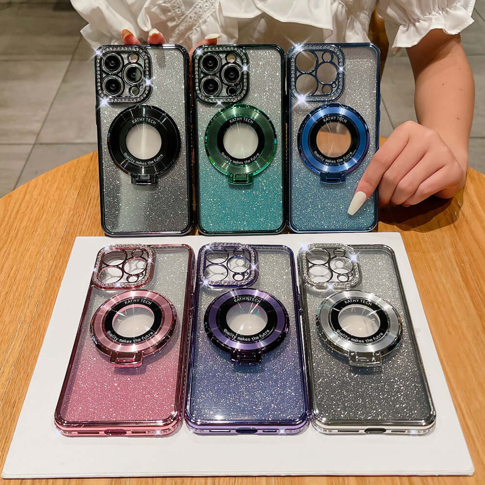 Glitter TPU electroplating magnetic bracket phone cases in various colors on a table.