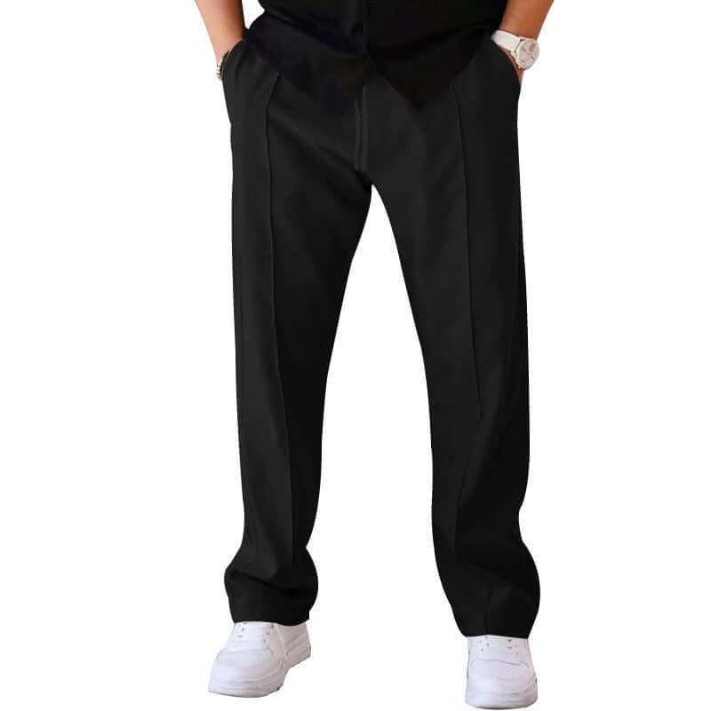 Men's casual loose straight trousers in black with drawstring design and stylish details, perfect for everyday wear.