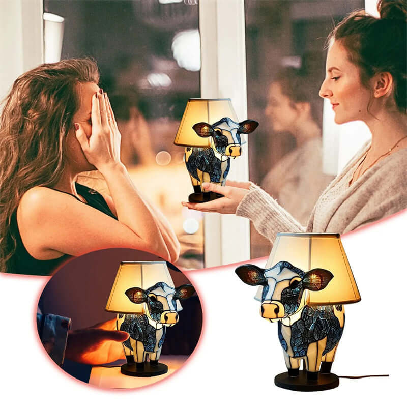 Charming cow table lamp with fabric shade, perfect for bedside decor in bedroom or living room.