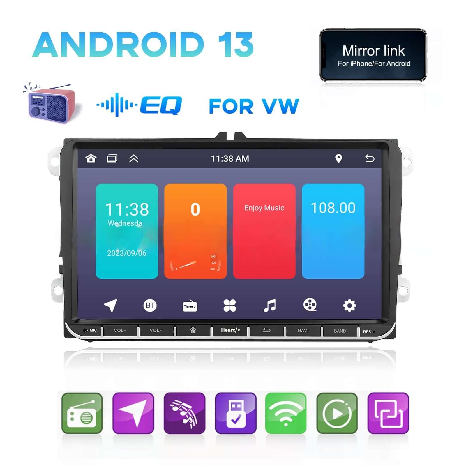 Car mounted central control device with large screen, Android 13, mirror link features, GPS navigation, multimedia options.