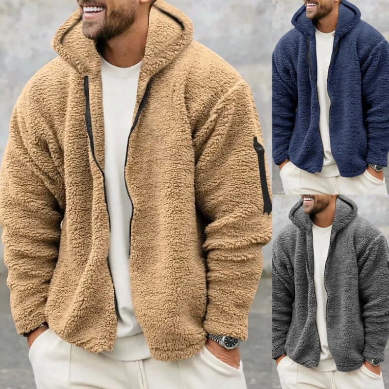 Men's plush hooded jacket in khaki, dark blue, and dark gray, perfect for autumn and winter casual outdoor wear.
