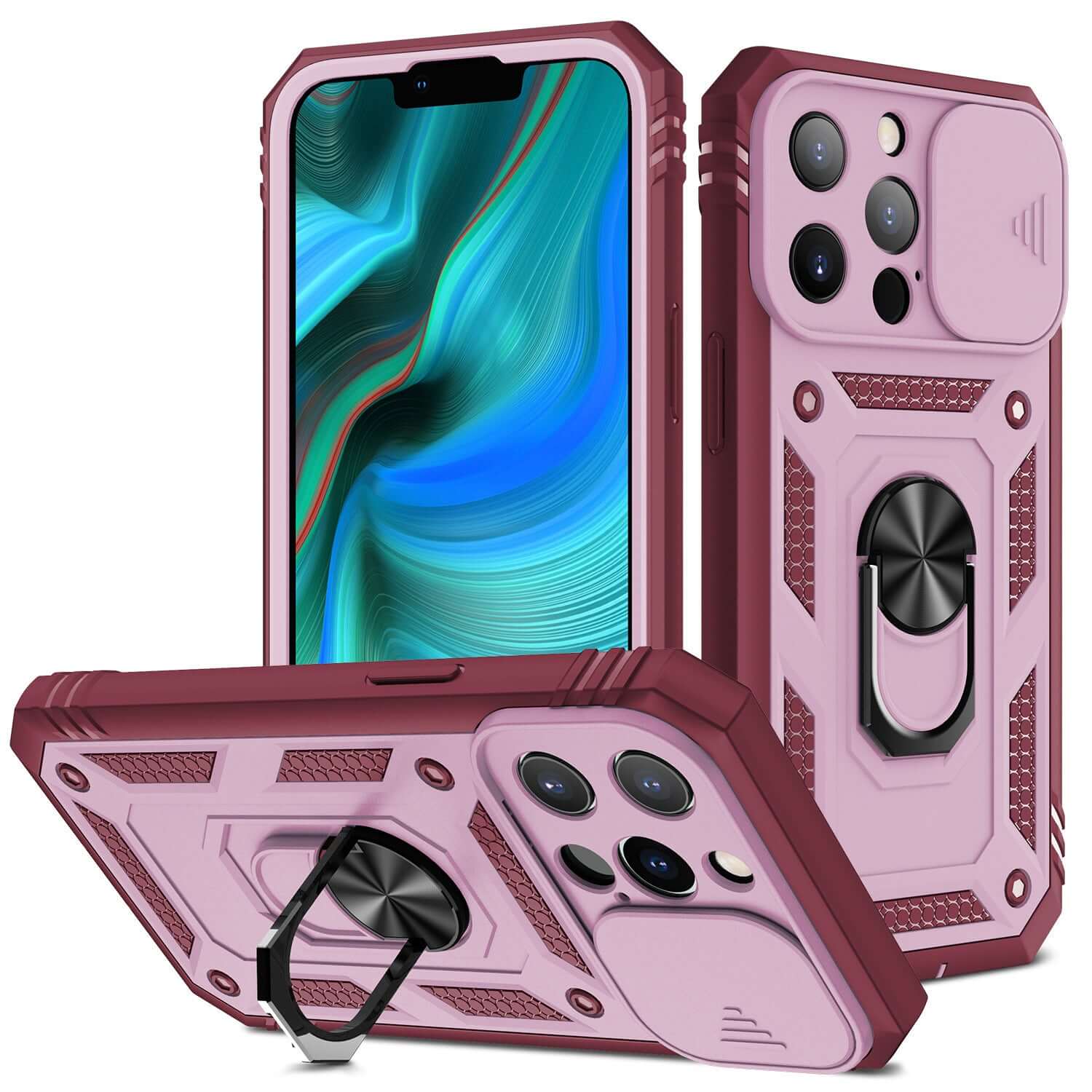New magnetic phone case for Apple with sliding window and stand, featuring a sleek design in pink and burgundy.