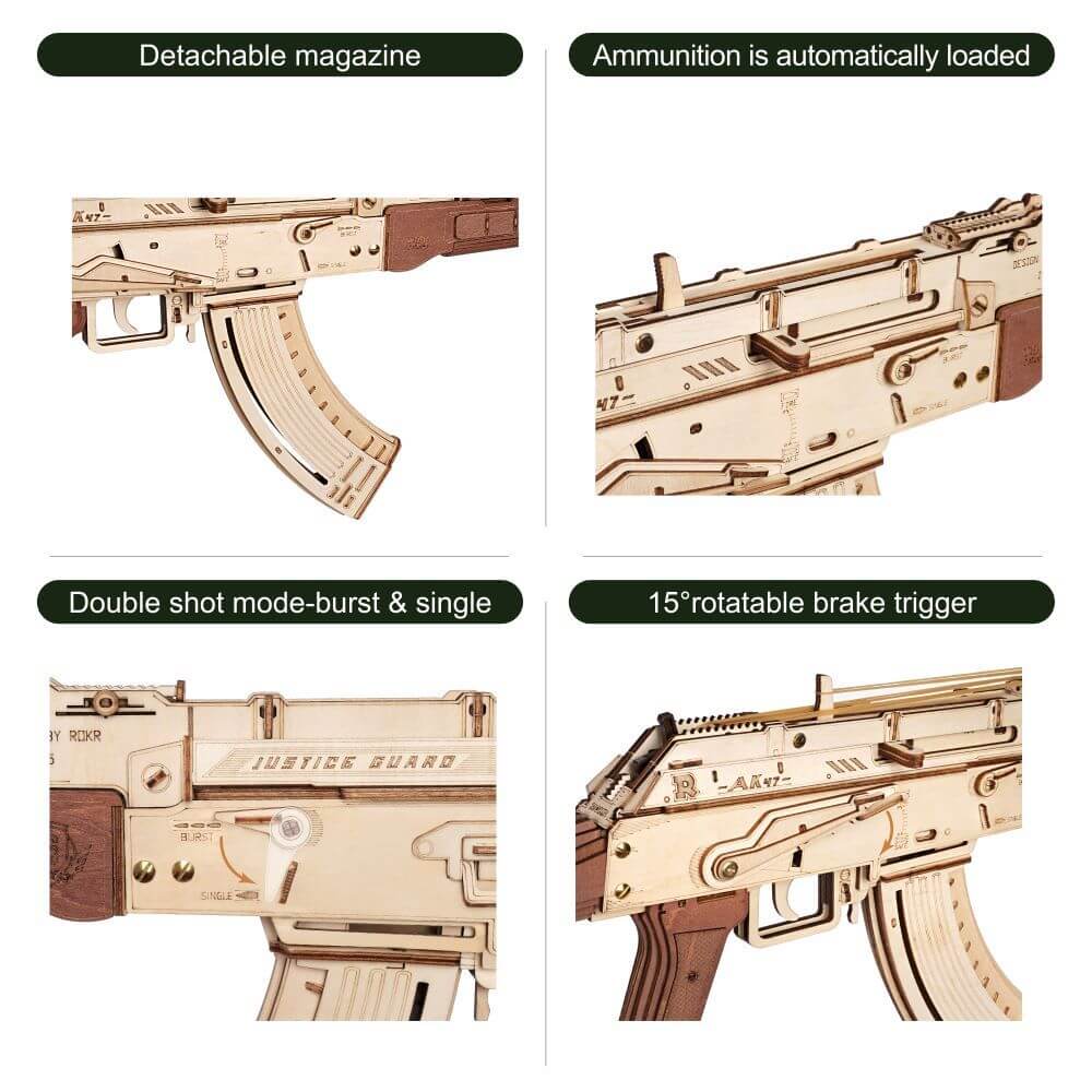 Close-up views of the Robotime Rokr AK-47 model showcasing features like detachable magazine, automatic loading, and firing modes.