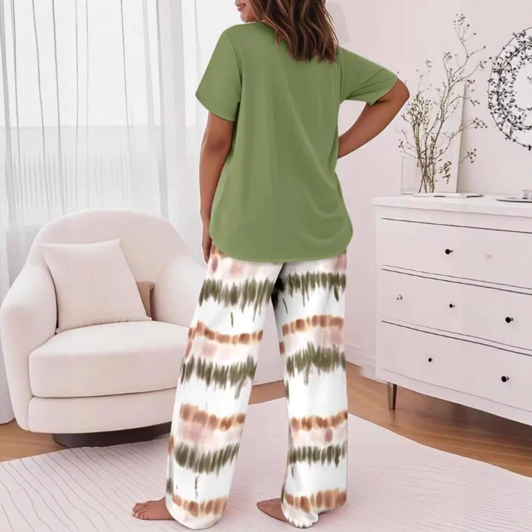 Crew - neck Short - sleeve Casual Striped Print Wide - leg Pants Two - piece Trouser Set - DBMP (Electronics And More Store)