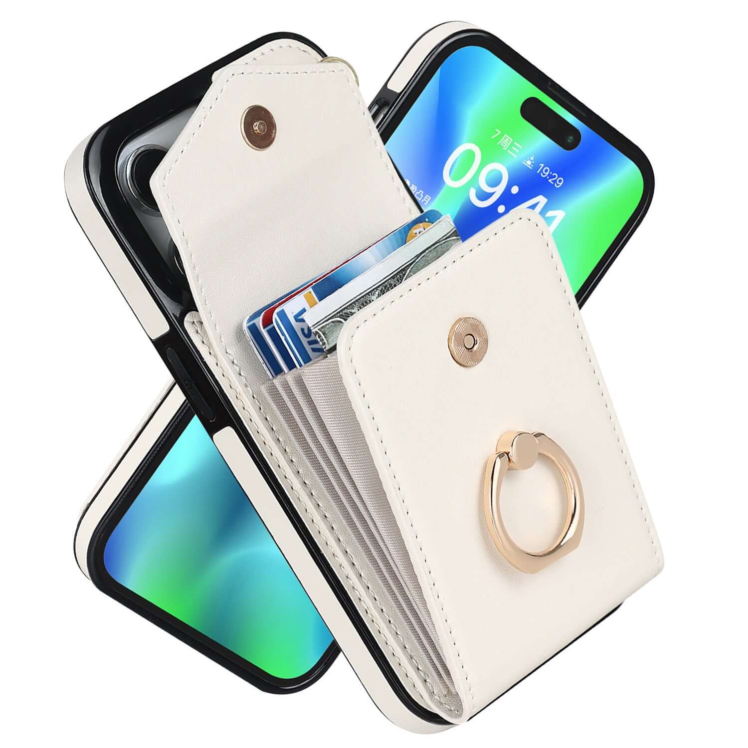 Creative white leather mobile phone cover with card slots and ring holder, compatible with Apple devices.