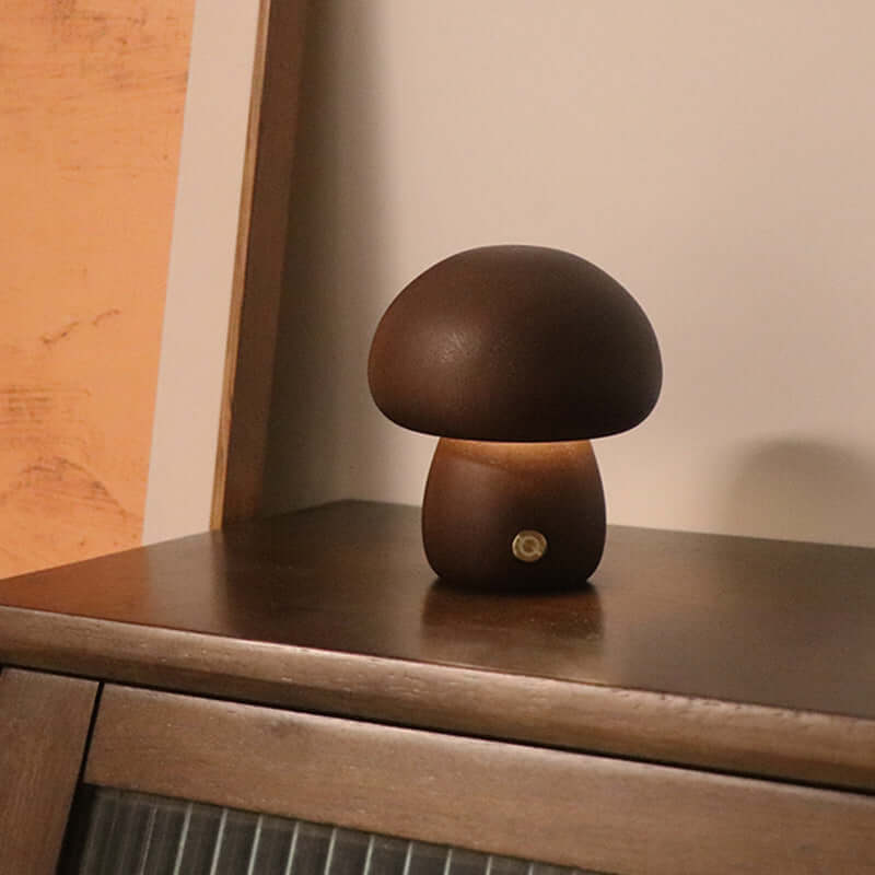 Cute brown mushroom LED night light on a bedside table, perfect for children's rooms and home decor.