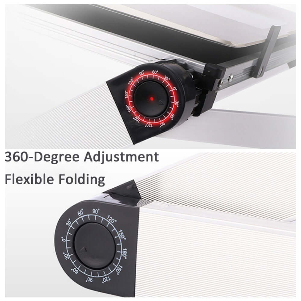 Close-up of foldable laptop stand showing 360-degree adjustment and flexible folding mechanism for ergonomic use.