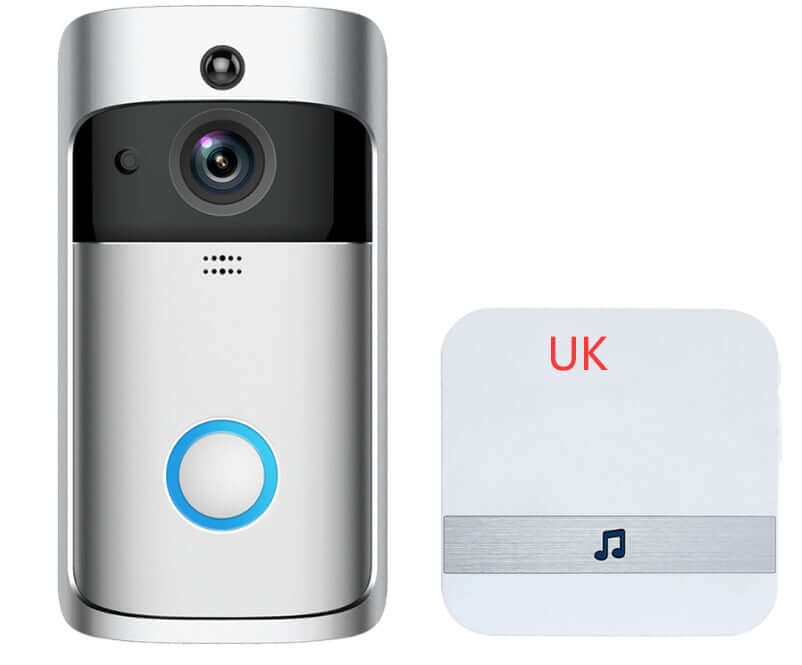 Smart wireless video doorbell with HD camera and remote alert feature, paired with UK receiver.