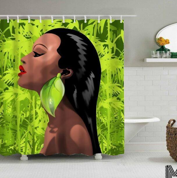 Art Design Graffiti Art Hip Hop African Girl with Black Hair Big Earring with Modern Building Shower Curtain for Bathroom Decor - DBMP (Electronics And More Store)