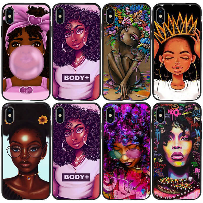 Colorful collection of trendy phone cases featuring stylish girls with unique designs, including pop art and vibrant patterns.