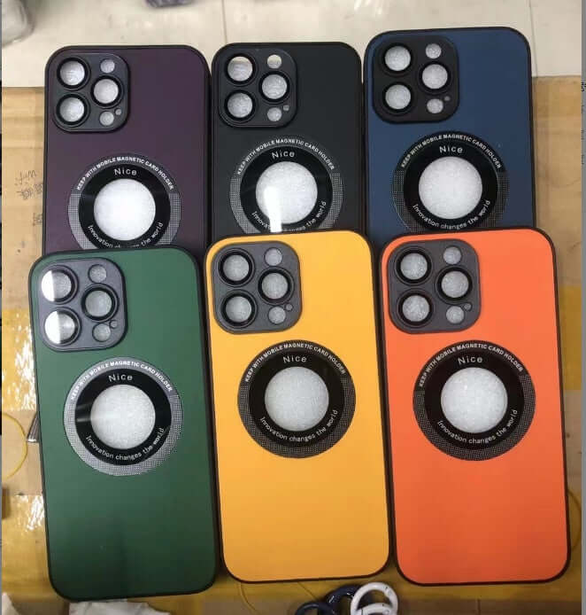 Colorful iPhone 15 Pro phone cases with magnetic suction in various shades including black, green, orange, and navy blue.
