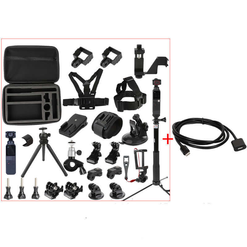 Pocket PTZ camera accessory set including tripod, chest strap, mobile holder, and extension cord.
