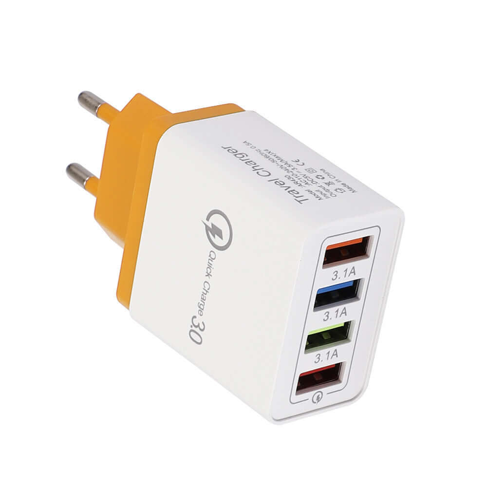 USB charger with four ports, Quick Charge 3.0, portable wall adapter for fast charging multiple devices.
