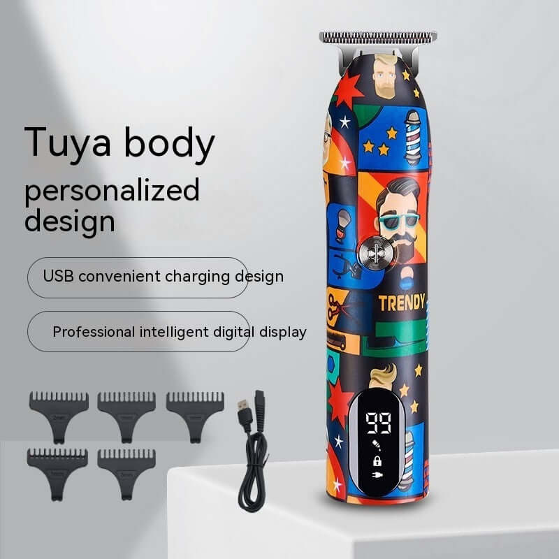 Graffiti electric hair clipper with digital display, USB charging, and five limit combs for personalized styling.