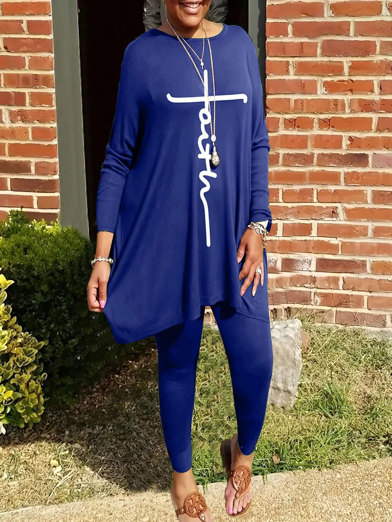 Round Neck Loose Long Sleeves Solid Color Printed Plus Size Women's Clothing Two - piece Set - DBMP (Electronics And More Store)