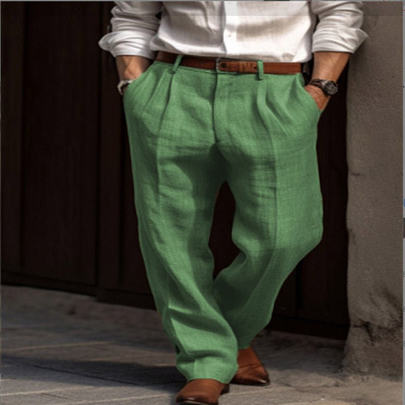 Men's Linen Trousers Double Pleated Front Pocket Straight Pure Color Comfort Breathable Casual - DBMP Shop