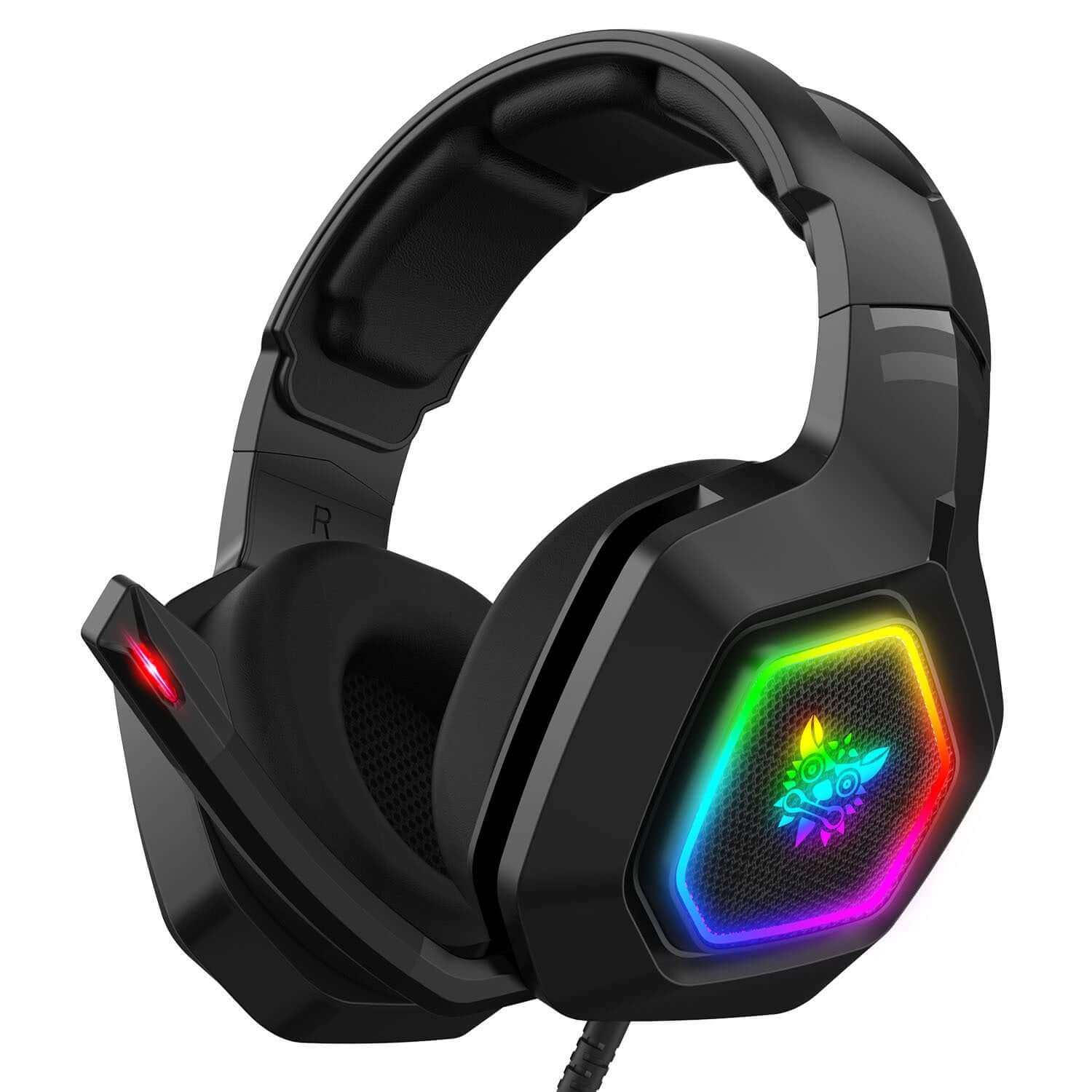 RGB gaming headset with immersive sound, wired connection, and adjustable microphone for an enhanced gaming experience.