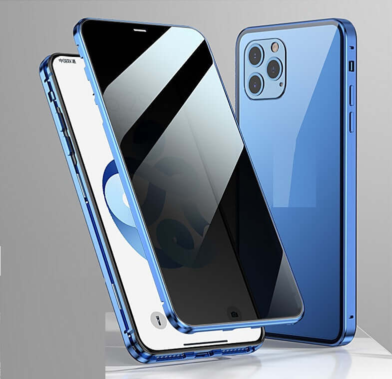 Blue double-sided glass cover anti-privacy protector case for iPhone with magnetic adsorption feature.