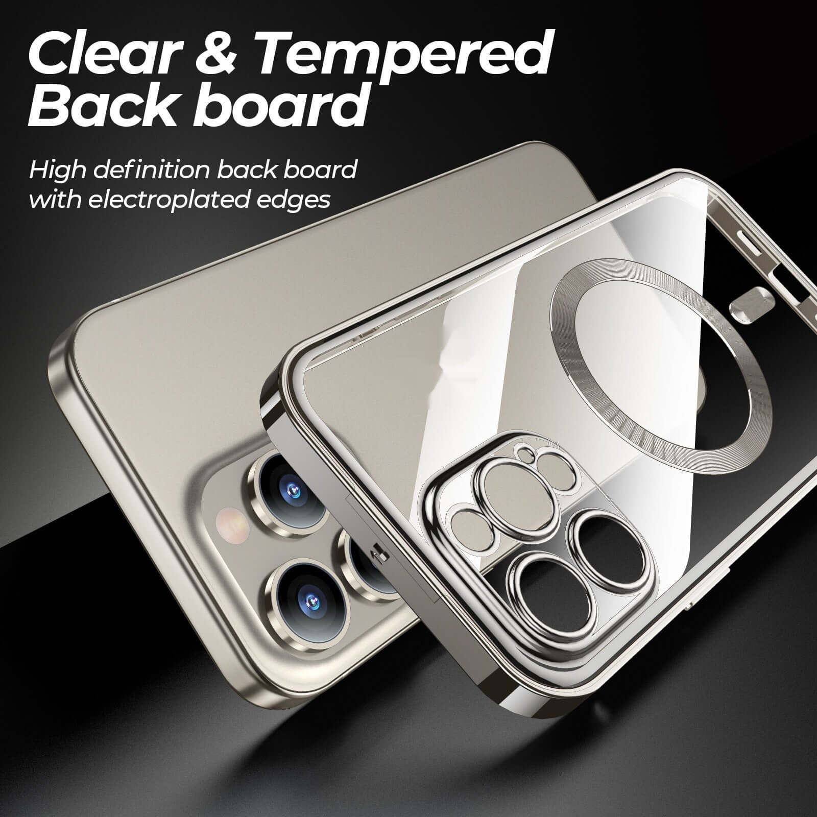 Clear tempered backboard phone case with electroplated edges for enhanced protection and style.