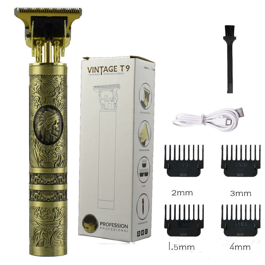 Vintage T9 hair trimmer with accessories, gold design, and adjustable comb attachments for precise grooming.