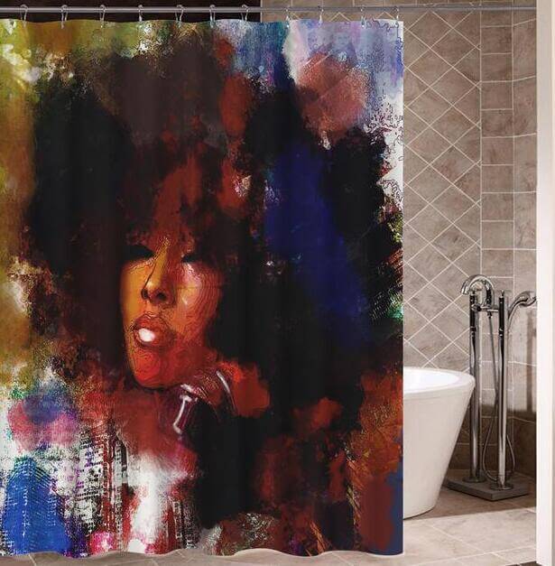 Art Design Graffiti Art Hip Hop African Girl with Black Hair Big Earring with Modern Building Shower Curtain for Bathroom Decor - DBMP (Electronics And More Store)