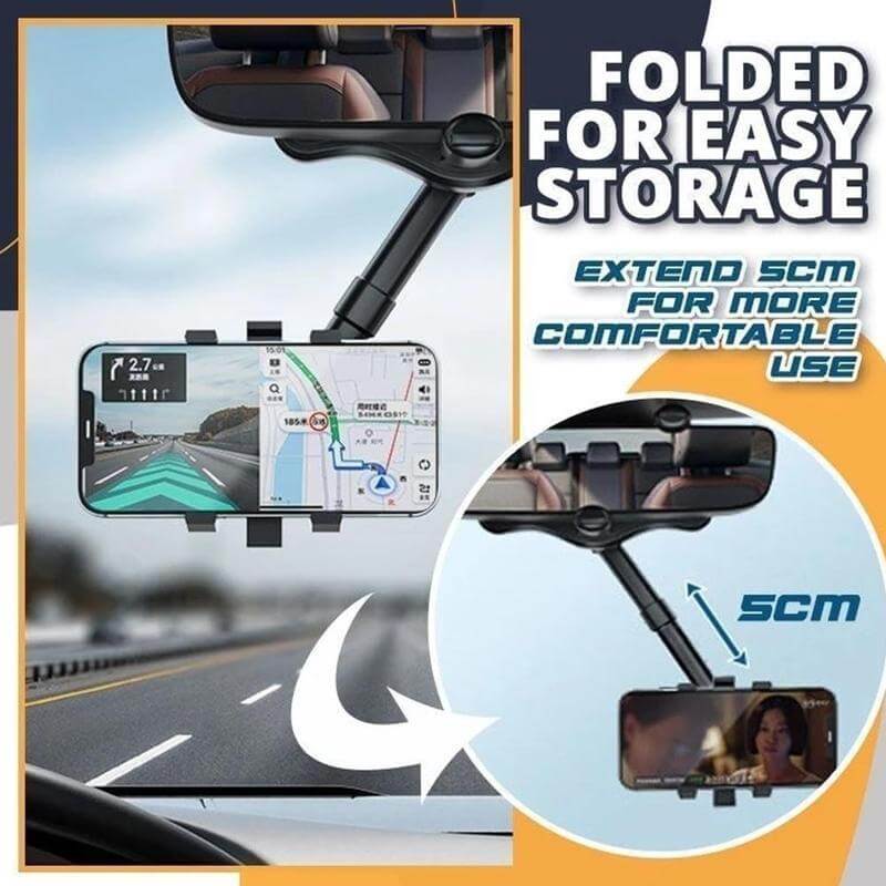 Rearview mirror phone holder extended by 5cm for easy storage and navigation access in car.