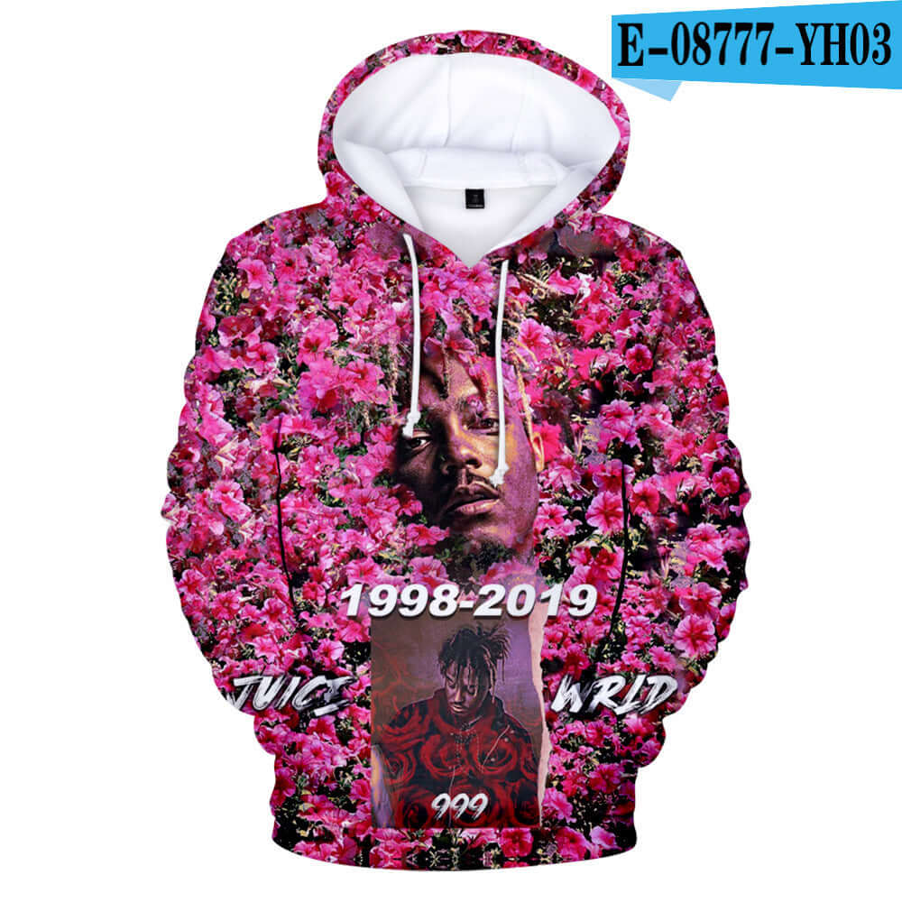 Juice Wrld 3D hoodie featuring vibrant floral design and tribute to the hip-hop singer, available in various sizes.