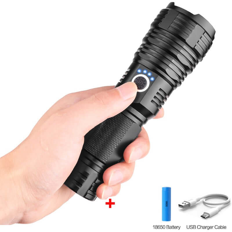 Hand holding P70 outdoor flashlight with USB charger and battery, showcasing its sleek design and power features.
