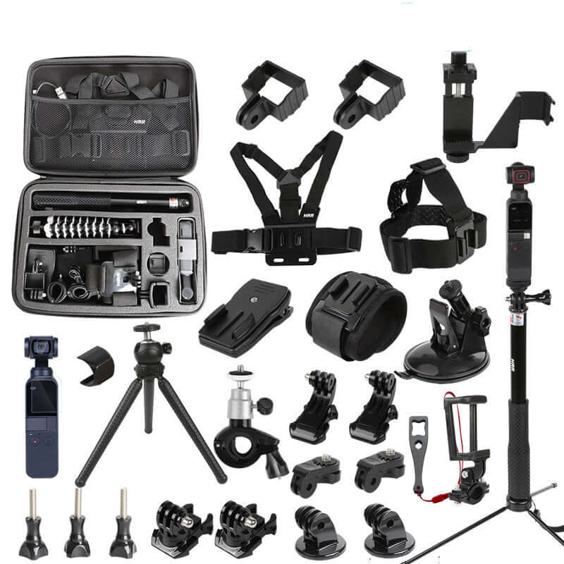 Handheld selfie stick tripod accessory set for iPhone with various mounts and straps in storage bag.