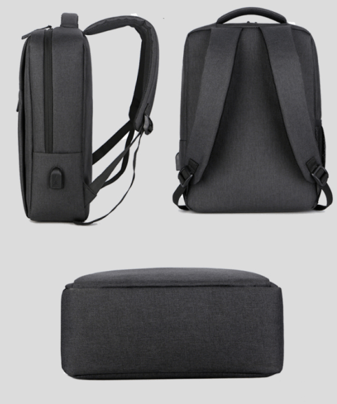 Waterproof and shockproof rechargeable laptop backpack bag in grey, featuring side and back views.